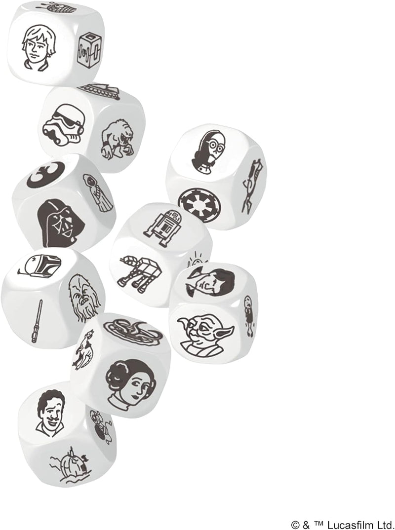 Dados Story Cubes Star Wars mostrando imágenes de personajes, naves y símbolos de la saga para inventar aventuras creativas
