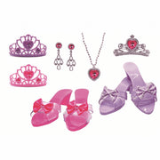 "Detalle Princess Maxi Conjunto - zapatos tacón con lazos, tiara con corazón rojo, collar plateado y diademas de cuentas"
