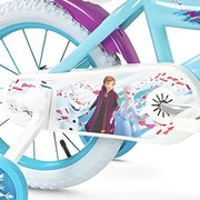Detalle bicicleta Frozen 2 Disney Toimsa Huffy con diseño de Elsa y Anna, ruedines estabilizadores y frenos seguros
