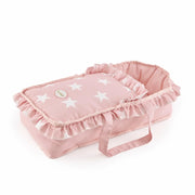 Detalle capazo cuco Carlota con volantes, bolsa canastilla y manillar regulable
