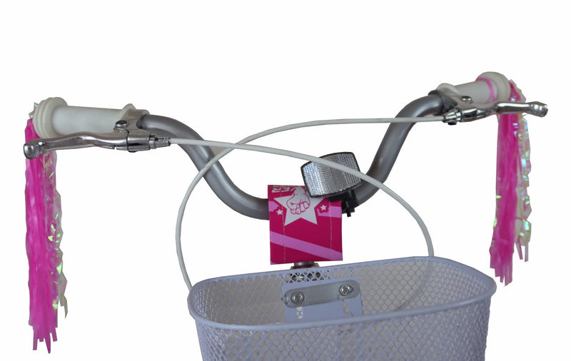 Detalle de la bicicleta infantil Umit Diana 12" mostrando el sistema de frenos V-Break de aluminio, manetas ergonómicas y guardabarros para niñas de 80-95cm de altura
