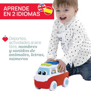 Detalle de la caravana interactiva Chicco con tienda de campaña desplegable, cocina de juguete y ventana con actividades educativas bilingües español-inglés
