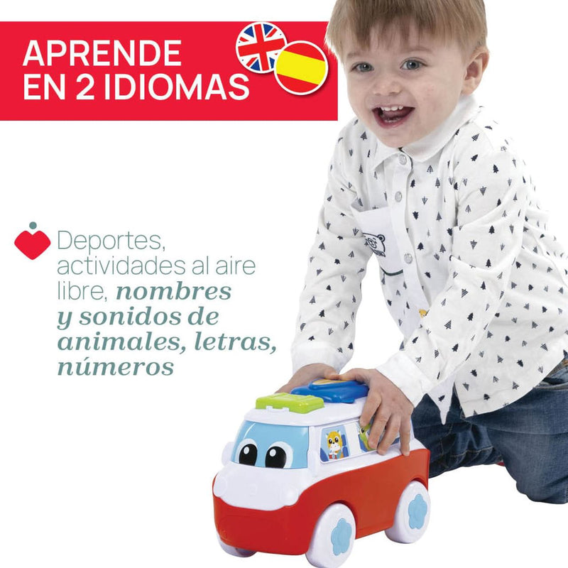 Detalle de la caravana interactiva Chicco con tienda de campaña desplegable, cocina de juguete y ventana con actividades educativas bilingües español-inglés
