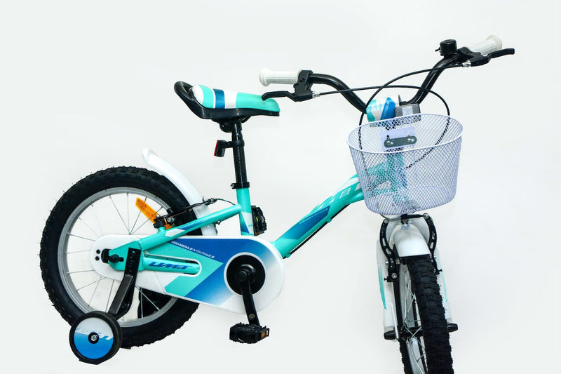 Detalle de la cesta frontal y manillar de la bicicleta UMIT Alice 16" turquesa, mostrando el diseño elegante con acabados de calidad y frenos seguros para niñas
