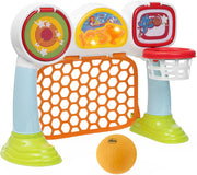 Detalle de la portería deportiva CHICCO Multisport League mostrando el sistema electrónico con luces y sonidos de aliento, diseño colorido y estructura robusta para desarrollar precisión, coordinación y habilidades motoras en niños pequeños
