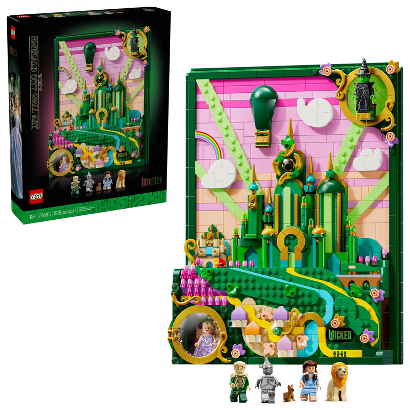 Detalle de las 7 minifiguras LEGO Wicked incluyendo Elphaba, Glinda, Dorothy, León Cobarde, Espantapájaros, Hombre de Hojalata y Toto con compartimento secreto y elementos interactivos del set 75685
