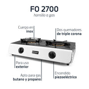Detalle de los dos quemadores triple corona de latón del hornillo FO 2700, mostrando quemador grande 4.3kW y mediano 3.4kW diseñados para exteriores
