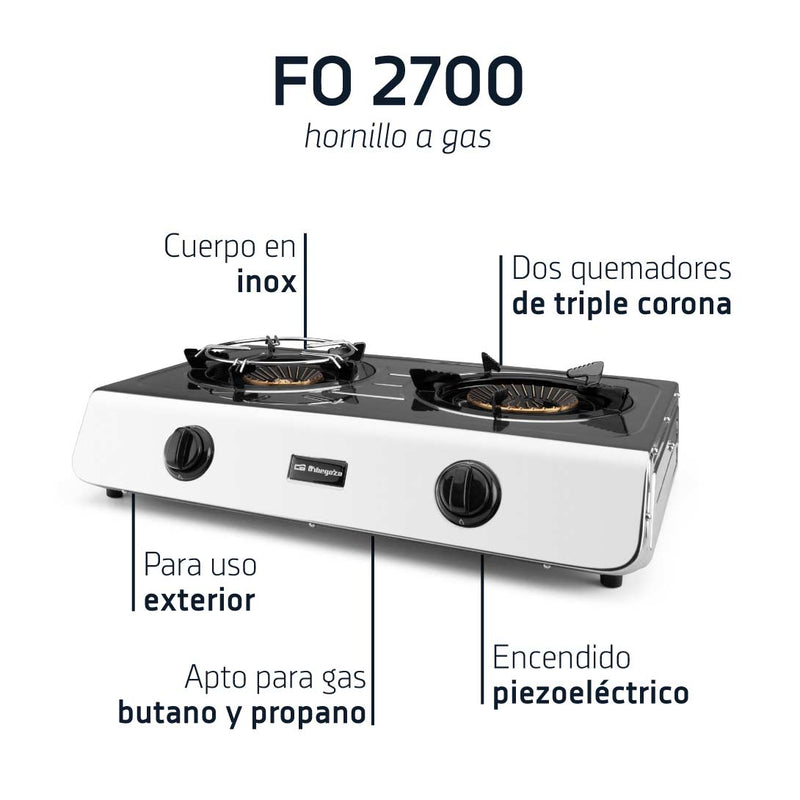Detalle de los dos quemadores triple corona de latón del hornillo FO 2700, mostrando quemador grande 4.3kW y mediano 3.4kW diseñados para exteriores
