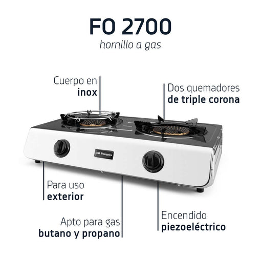 Detalle de los dos quemadores triple corona de latón del hornillo FO 2700, mostrando quemador grande 4.3kW y mediano 3.4kW diseñados para exteriores
