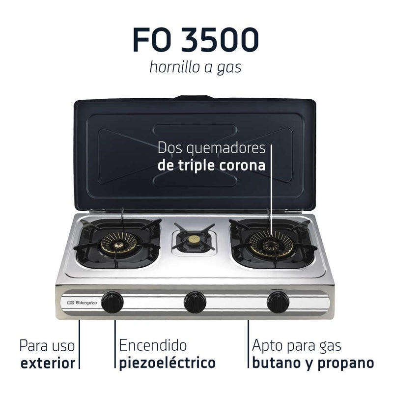 Detalle de los tres quemadores triple corona de latón del hornillo Orbegozo FO3500, mostrando quemador grande 4.3kW, mediano 3.8kW y pequeño 3.4kW con sistemas de encendido independientes
