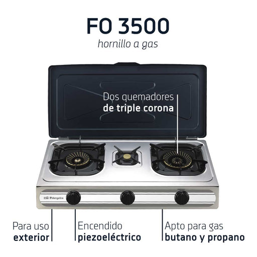 Detalle de los tres quemadores triple corona de latón del hornillo Orbegozo FO3500, mostrando quemador grande 4.3kW, mediano 3.8kW y pequeño 3.4kW con sistemas de encendido independientes
