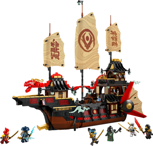 Detalle del barco LEGO con velas móviles y bar de sushi interior