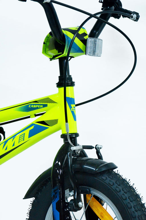 Detalle del cuadro y componentes de la bicicleta UMIT CASPER 12" verde mostrando el manillar Hi-Ten de 490mm, pedalier de 3 piezas y llantas de aluminio con neumáticos DSI Drive 12x2.125
