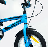 Detalle del cuadro y componentes de la bicicleta UMIT XS14 14" azul mostrando el manillar Hi-Ten de 500mm, pedalier monoblock y llantas de aluminio con neumáticos DSI Drive 14x2.125

