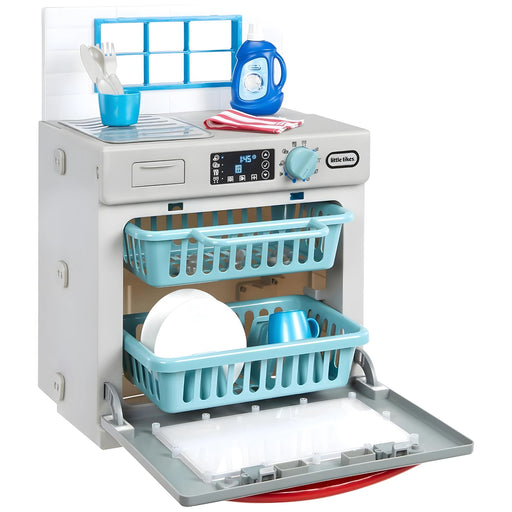 Detalle del lavavajillas de juguete Little Tikes mostrando controles interactivos, botones realistas, luces LED y efectos de sonido para experiencia de juego inmersiva
