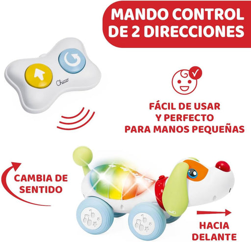 Detalle del mando por radiocontrol en forma de hueso del perro parlante Chicco, con dos botones grandes de fácil manejo para niños a partir de 2 años, control por infrarrojos para movimiento hacia delante y giro
