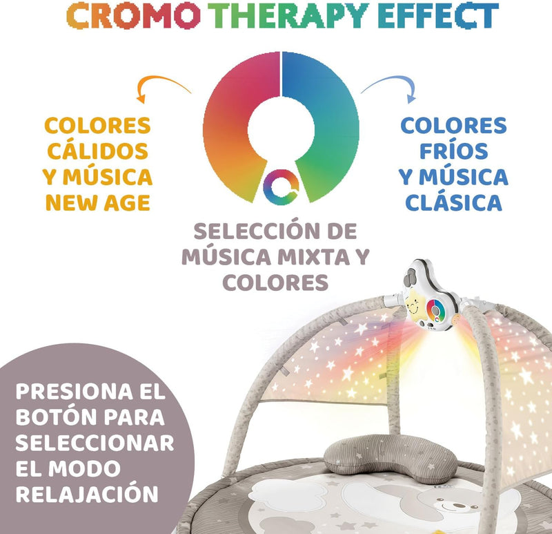 Detalle del proyector extraíble en forma de luna del gimnasio Chicco que reproduce melodías, proyecta estrellas con cambios de color y funciona como luz nocturna independiente
