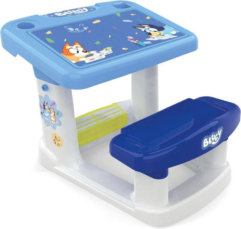 Detalle del pupitre Bluey con asiento integrado y superficie amplia para dibujar.
