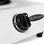 Detalle del quemador de hierro fundido de doble corona del hornillo a gas FO 1600, compatible con butano y propano, ideal para camping y cocina exterior
