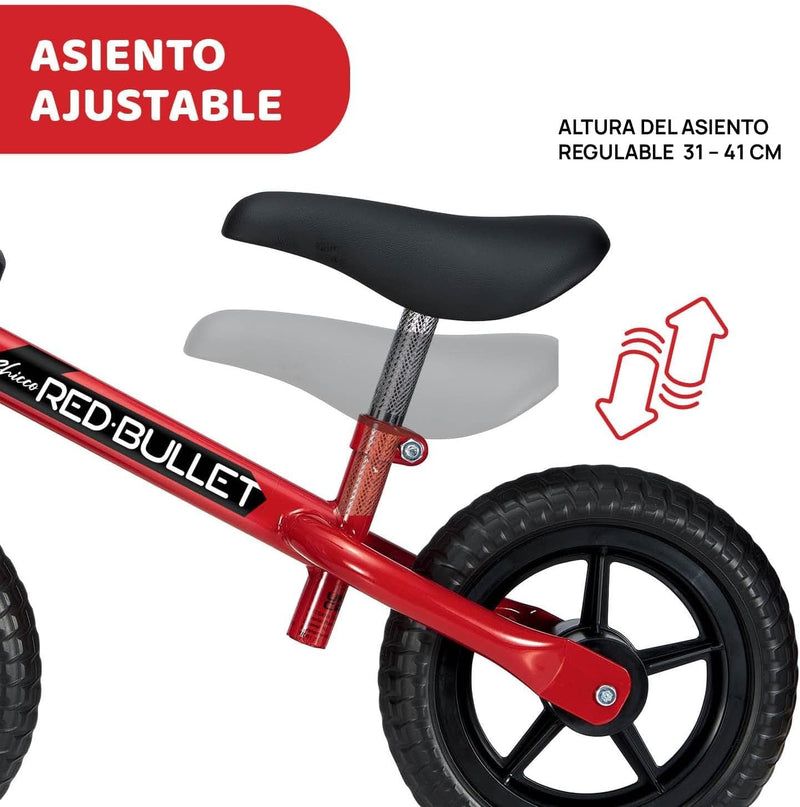 Detalle del sillín antideslizante ajustable y manillar de goma ergonómico de la Chicco First Bike, adaptable en altura para acompañar el crecimiento del niño desde 85cm de altura
