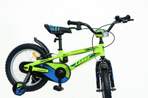 Detalle del sistema de frenos V-Brake y manillar ergonómico de la bicicleta UMIT Casper 16" verde, mostrando componentes de calidad y diseño deportivo para el aprendizaje seguro
