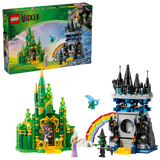 Detalle interior LEGO Wicked set 75689 mostrando dormitorio de Glinda en Emerald City, mapa secreto de Oz, biblioteca con The Grimmerie en Castillo de Kiamo Ko y plataforma giratoria para desaparición de Elphaba
