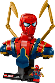 Detalles LEGO Marvel Busto Iron Spider-Man 76326: minifigura incluida, brazos mecánicos articulados y bases intercambiables para exhibición premium
