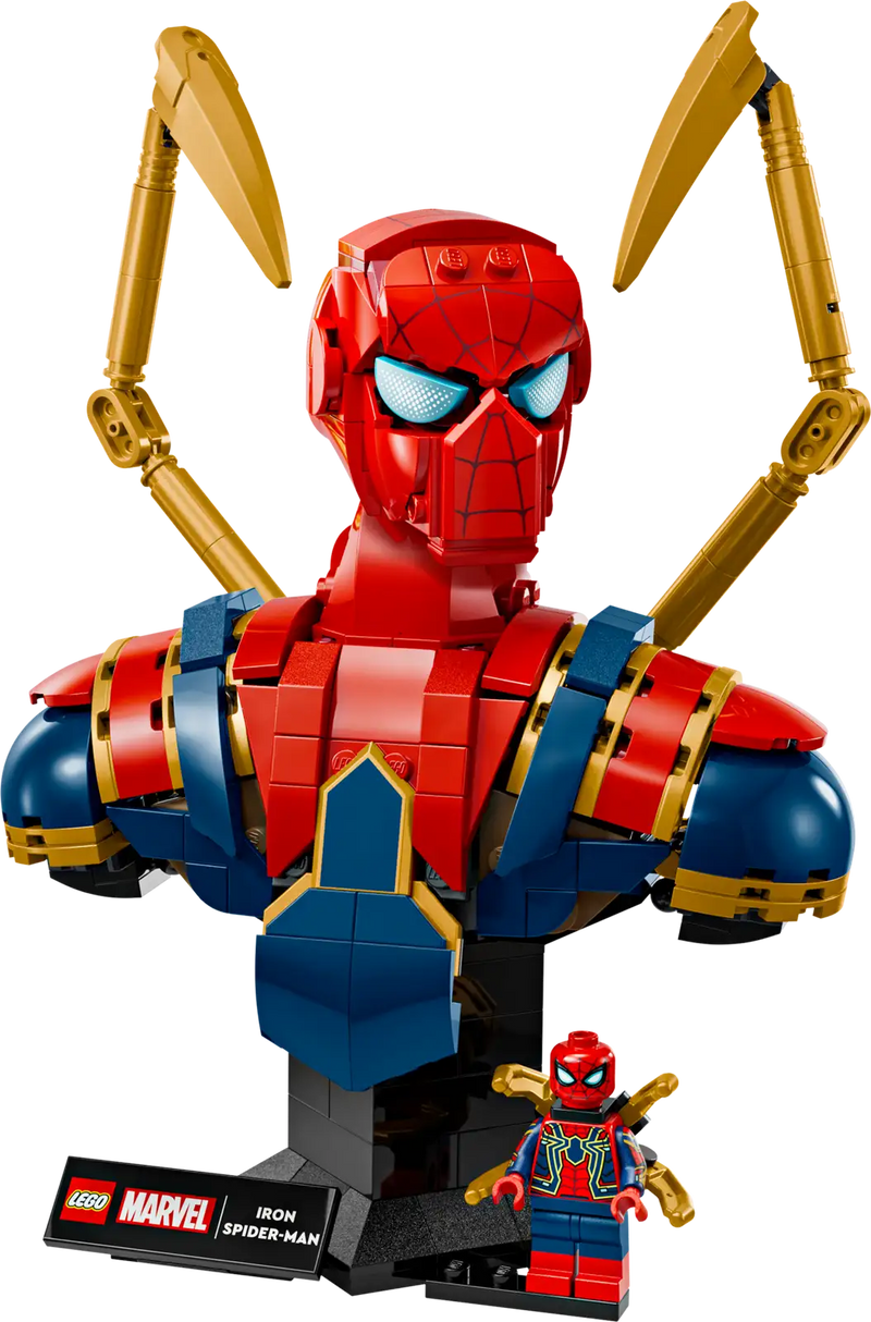 Detalles LEGO Marvel Busto Iron Spider-Man 76326: minifigura incluida, brazos mecánicos articulados y bases intercambiables para exhibición premium

