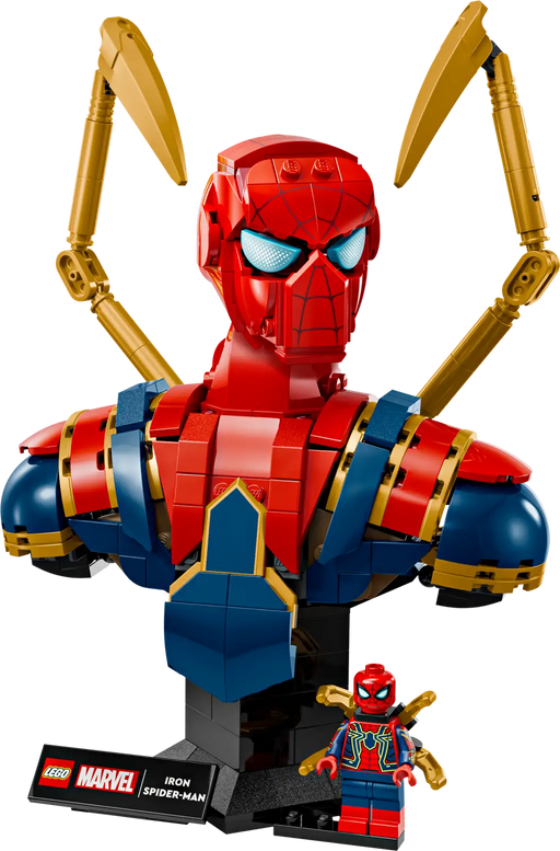 Detalles LEGO Marvel Busto Iron Spider-Man 76326: minifigura incluida, brazos mecánicos articulados y bases intercambiables para exhibición premium

