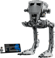 Detalles LEGO Star Wars AT-ST 75417: minifigura piloto exclusiva con escudo imperial, placa informativa UCS y cabina biplaza interior detallada
