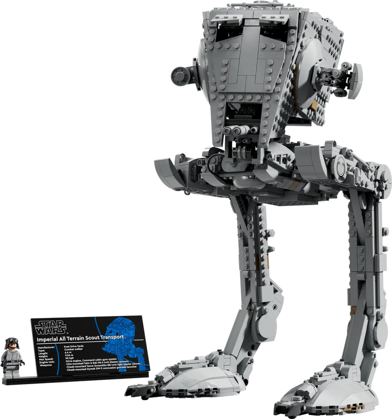 Detalles LEGO Star Wars AT-ST 75417: minifigura piloto exclusiva con escudo imperial, placa informativa UCS y cabina biplaza interior detallada
