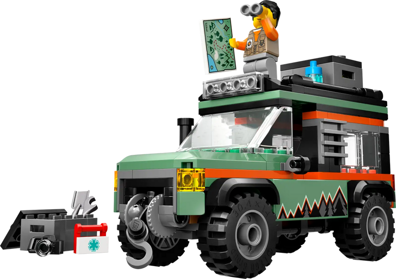 Detalles del set LEGO City Todoterreno 4x4 de Montaña 60447: capó abatible con motor visible, toma de aire elevada móvil, cabrestante de rescate funcional y compartimentos de almacenamiento para equipo de aventuras
