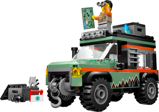 Detalles del set LEGO City Todoterreno 4x4 de Montaña 60447: capó abatible con motor visible, toma de aire elevada móvil, cabrestante de rescate funcional y compartimentos de almacenamiento para equipo de aventuras
