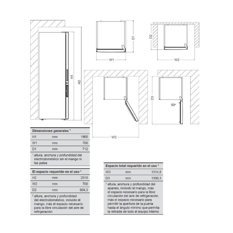 Dimensiones y esquema de instalación del frigorífico combi Aspes AC186700ENFX
