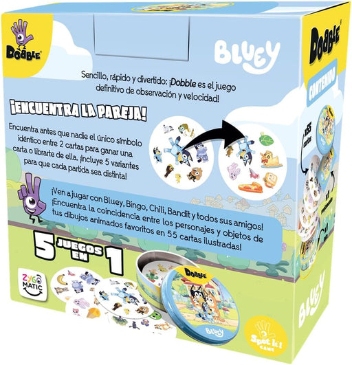 Dobble Bluey caja trasera instrucciones 5 variantes juego cartas ilustradas personajes animados encuentra pareja símbolo
