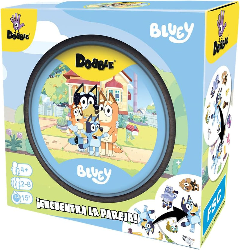 Dobble Bluey juego mesa cartas observacion velocidad caja frontal personajes Bluey Bingo familia perros azules diversión
