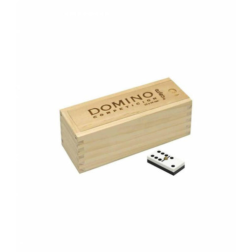 Dominó Cayro Chámelo con fichas de metacrilato transparente en elegante caja de madera maciza, mostrando la calidad premium del juego de mesa tradicional
