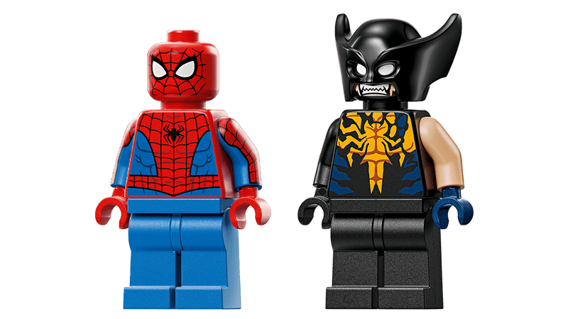 Dos minifiguras LEGO Marvel 76336: Spider-Man traje clásico y Lobezno Venomizado negro con garras

