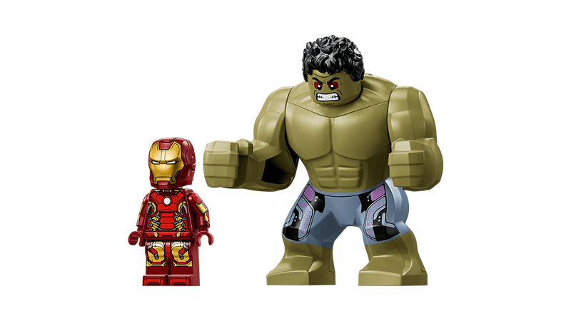 Dos minifiguras LEGO Marvel 76343: Iron Man traje Mark 43 dorado y Hulk verde grande con músculos

