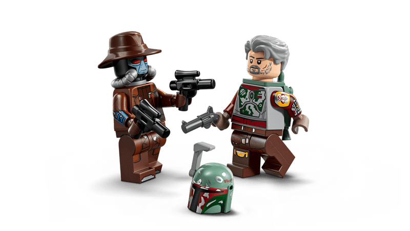 Dos minifiguras LEGO Star Wars 75437: Cobb Vanth con armadura Boba Fett y Cad Bane con pistolas bláster

