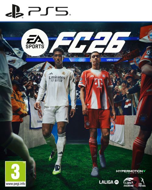 EA Sports FC 26 para PlayStation 5 - Portada del videojuego mostrando jugadores de fútbol en acción con gráficos ultra realistas, logo oficial de EA Sports FC 26 y distintivo de PlayStation 5, representando la experiencia futbolística más avanzada con tecnología de nueva generación
