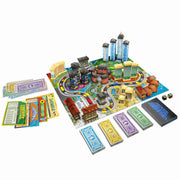 Tablero de juego de Asmodee Hotel con hoteles en construcción.
