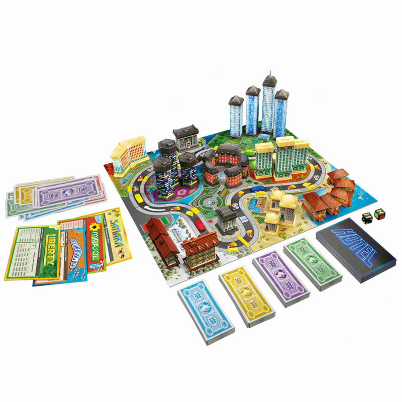 Tablero de juego de Asmodee Hotel con hoteles en construcción.
