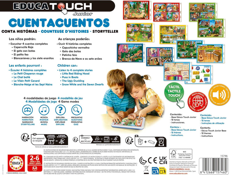 Educa Touch Junior Cuentacuentos contenido completo: base electrónica, 12 láminas con Blancanieves, Caperucita Roja, Gato con Botas y Patito Feo, 3 modos de juego, multilingüe
