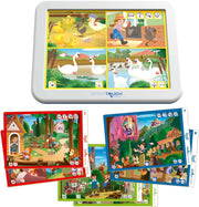 Educa Touch Junior Cuentacuentos detalle de láminas interactivas táctiles con cuentos clásicos ilustrados, base electrónica con tecnología touch, música y canciones incluidas
