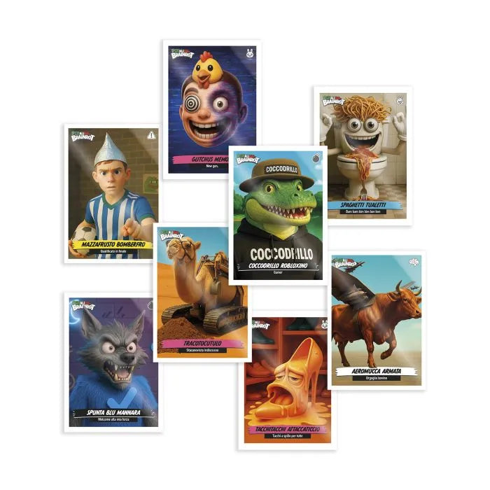Ejemplos cromos SKIFIDOL ITALIAN BRAINROT mostrando personajes únicos como Mozzarotto Bomberio, Coccodrillo y Spaghetti Maledetti
