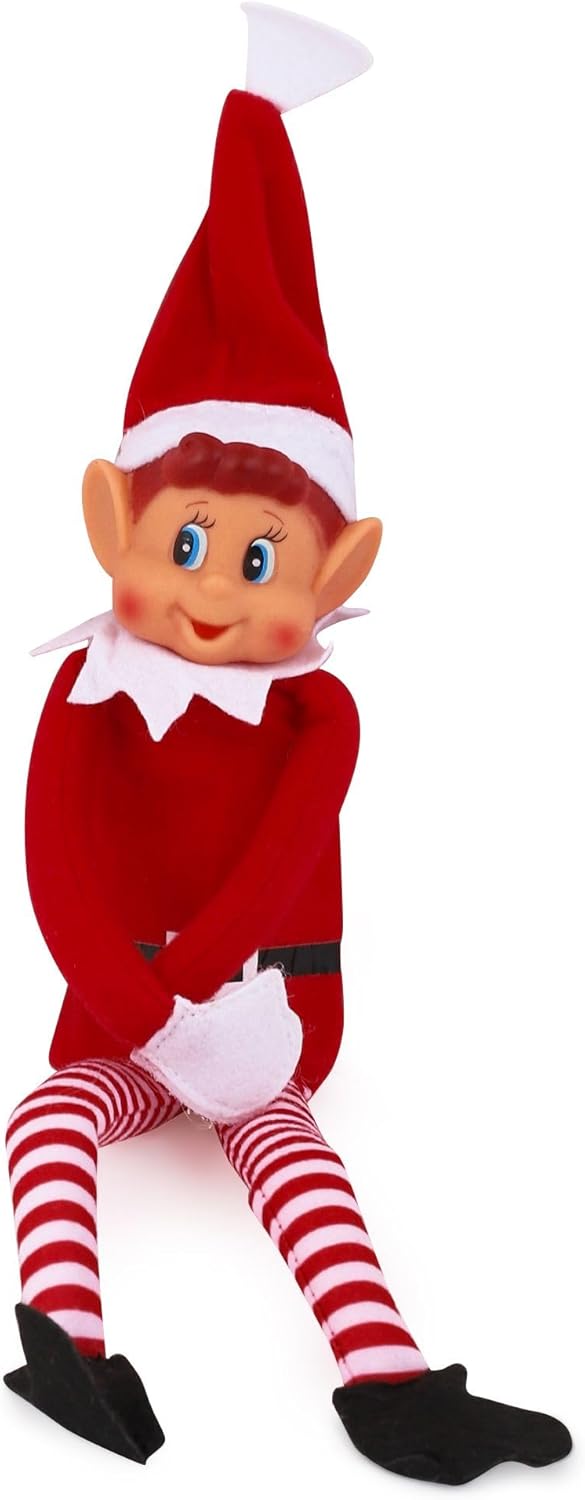 Elfie el Elfo Behaving Badly 30 cm - Vista frontal con traje rojo y piernas a rayas
