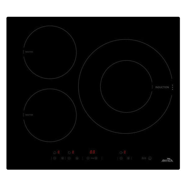 Encimera inducción Artica AEI63223 con 3 fuegos y zona booster 32cm, superficie vitrocerámica negra con control táctil digital, diseño elegante para cocinas modernas
