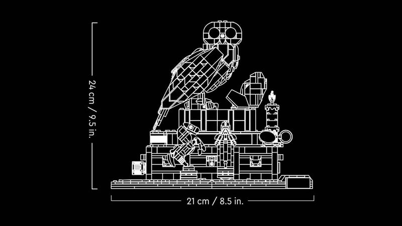 Esquema dimensiones LEGO Harry Potter 76466: 24cm alto, 21cm ancho con Hedwig, baúl y escenas microescala
