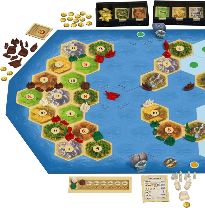 Expansión Catán Piratas y Exploradores 5-6 jugadores con mecánicas de exploración, construcción de ejércitos, combate y tres islas misteriosas por descubrir
